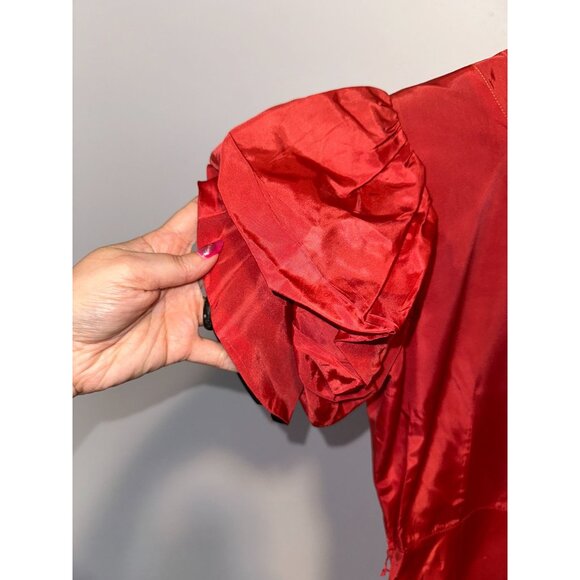 Vtg 40s Red Acetate Tafetta Dress Puff Sleeves Side Snaps Midi Length Womens - Picture 4 of 5